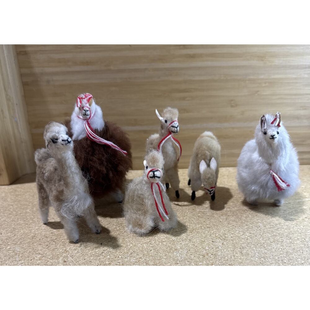 Handmade Wool Alpaca Figurines – Folk Art Farm Decor – Set of 6